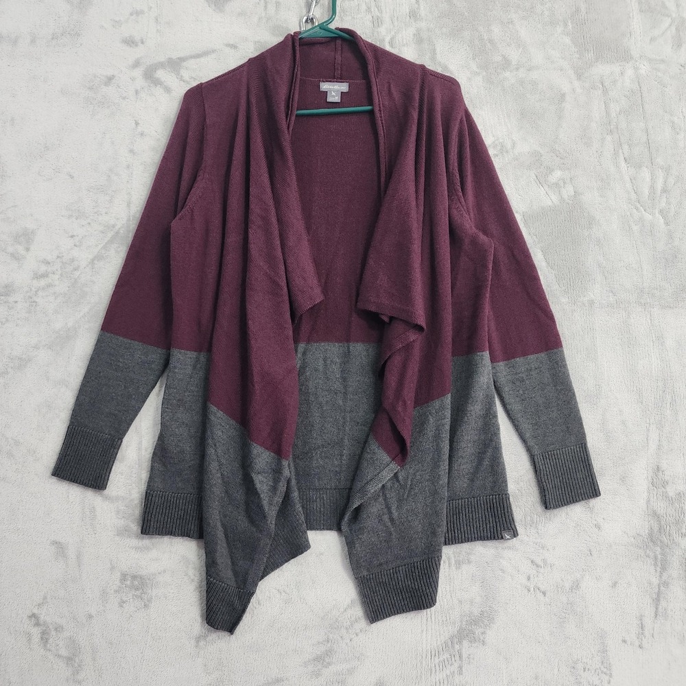 Eddie Bauer Sweater Cardigan Womens M Purple Gray Colorblock Open Front Knit